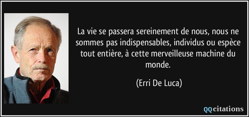 La vie se passera sereinement de nous, nous ne sommes pas indispensables, individus ou espèce tout entière, à cette merveilleuse machine du monde.  - Erri De Luca