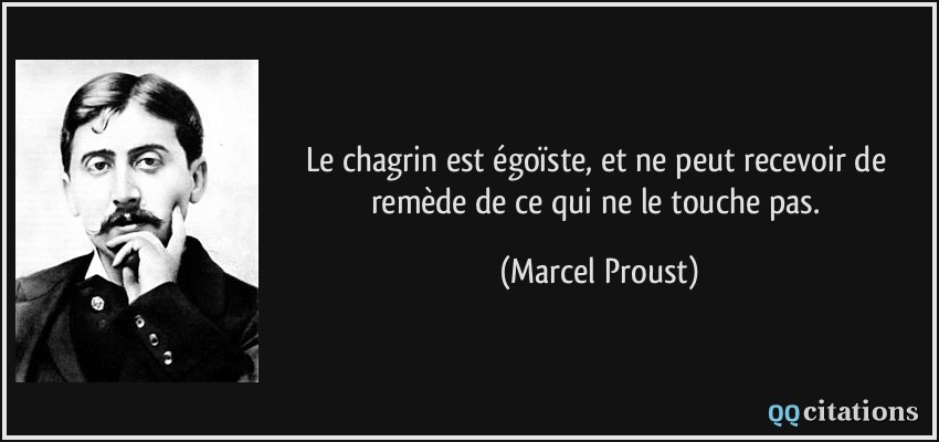 Le chagrin est égoïste, et ne peut recevoir de remède de ce qui ne le touche pas.  - Marcel Proust