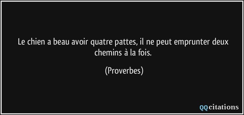 Le chien a beau avoir quatre pattes, il ne peut emprunter deux chemins à la fois.  - Proverbes