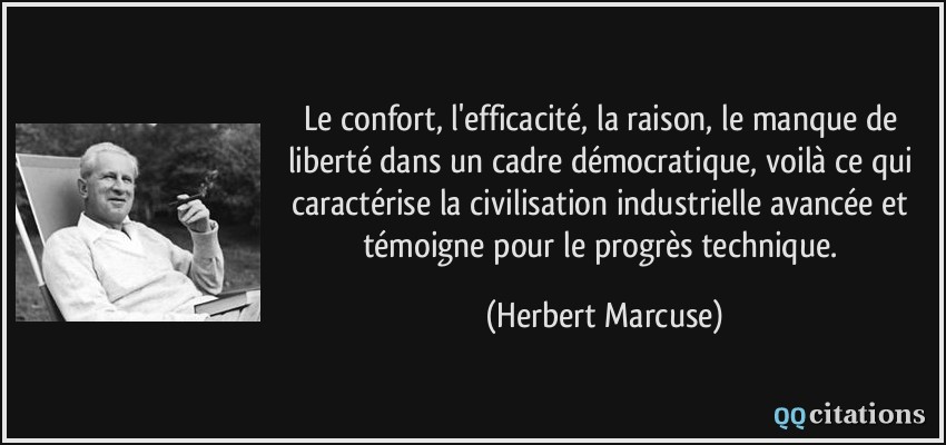 Le confort, l'efficacité, la raison, le manque de liberté dans un cadre démocratique, voilà ce qui caractérise la civilisation industrielle avancée et témoigne pour le progrès technique.  - Herbert Marcuse