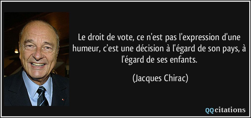 Le droit de vote, ce n'est pas l'expression d'une humeur, c'est une décision à l'égard de son pays, à l'égard de ses enfants.  - Jacques Chirac