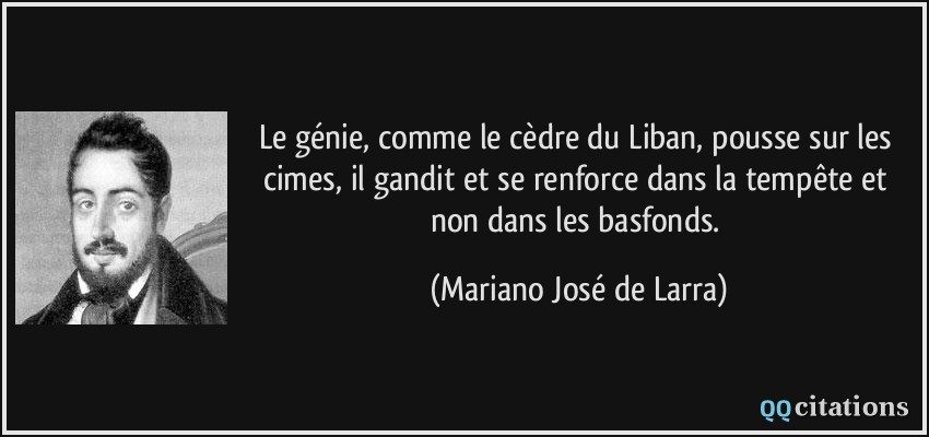 Le génie, comme le cèdre du Liban, pousse sur les cimes, il gandit et se renforce dans la tempête et non dans les basfonds.  - Mariano José de Larra