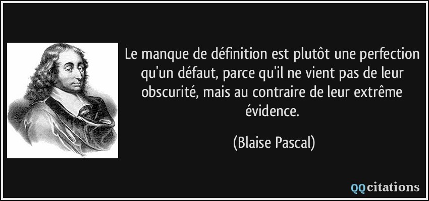 Le manque de définition est plutôt une perfection qu'un défaut, parce qu'il ne vient pas de leur obscurité, mais au contraire de leur extrême évidence.  - Blaise Pascal