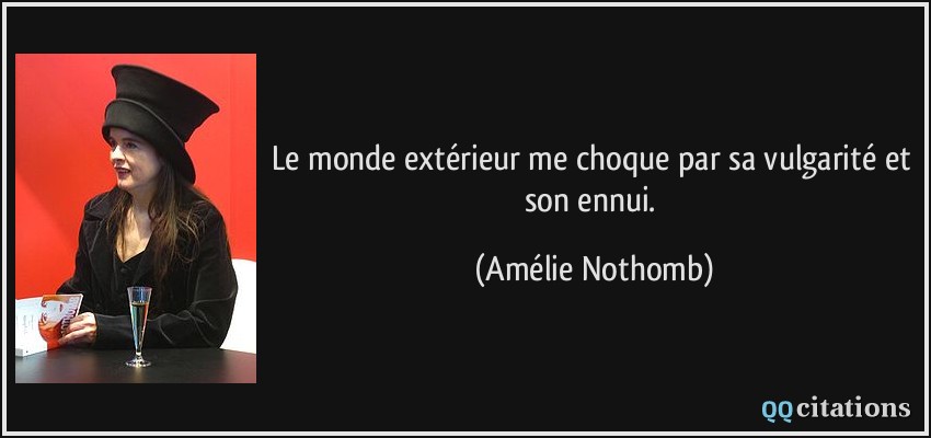 Le monde extérieur me choque par sa vulgarité et son ennui.  - Amélie Nothomb