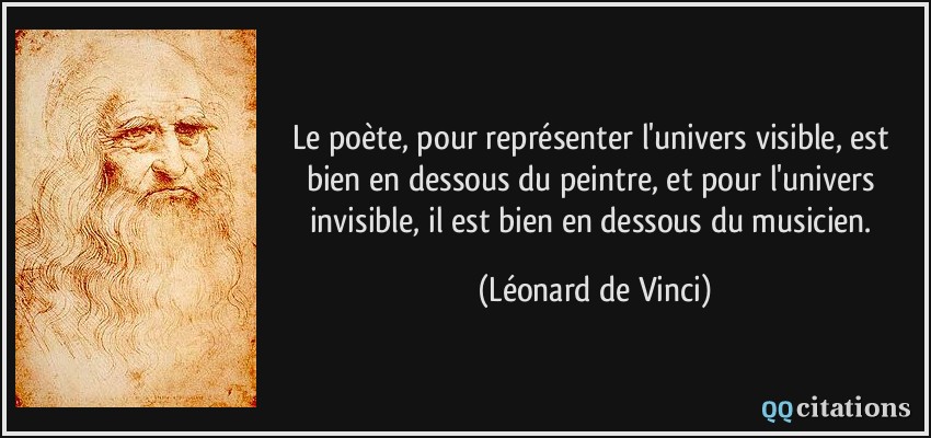 Le poète, pour représenter l'univers visible, est bien en dessous du peintre, et pour l'univers invisible, il est bien en dessous du musicien.  - Léonard de Vinci