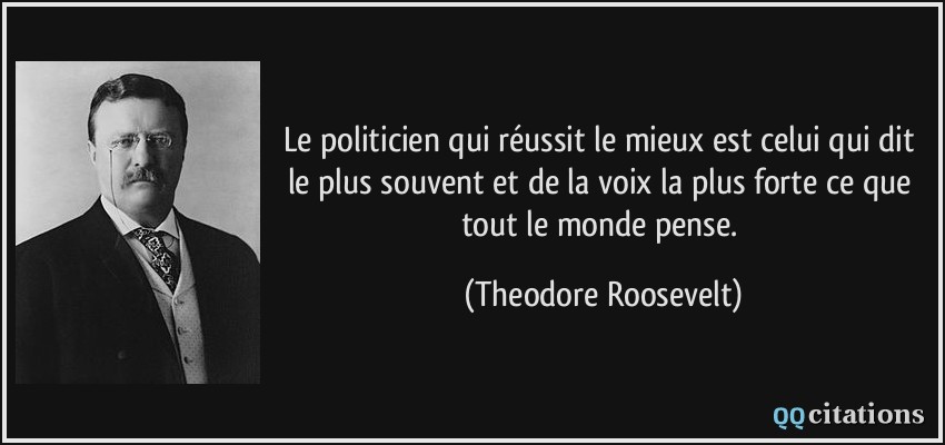 Le politicien qui réussit le mieux est celui qui dit le plus souvent et de la voix la plus forte ce que tout le monde pense.  - Theodore Roosevelt