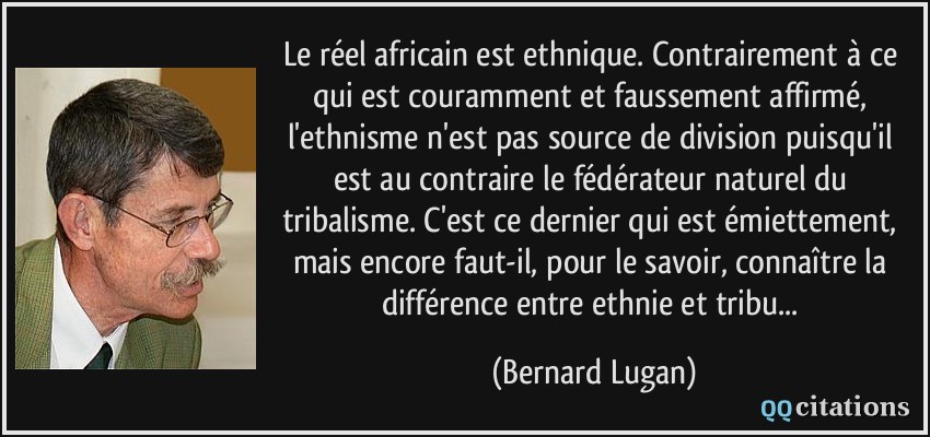 Le réel africain est ethnique. Contrairement à ce qui est couramment et faussement affirmé, l'ethnisme n'est pas source de division puisqu'il est au contraire le fédérateur naturel du tribalisme. C'est ce dernier qui est émiettement, mais encore faut-il, pour le savoir, connaître la différence entre ethnie et tribu...  - Bernard Lugan