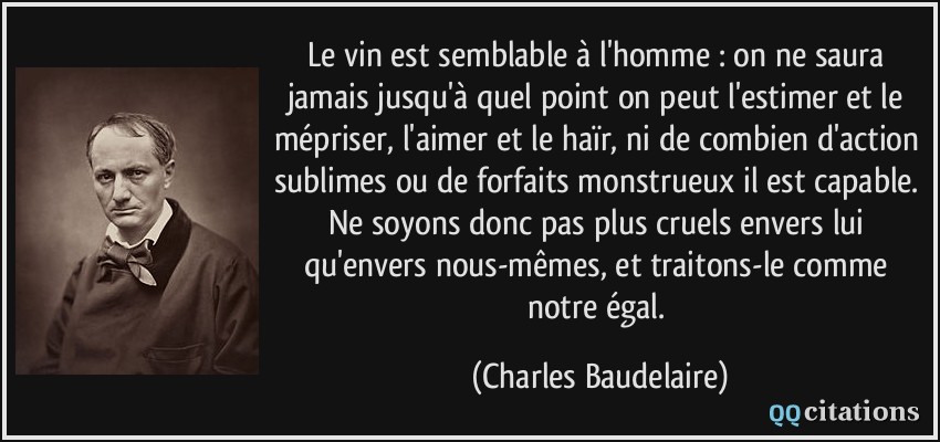 Le vin est semblable à l'homme : on ne saura jamais jusqu'à quel point on peut l'estimer et le mépriser, l'aimer et le haïr, ni de combien d'action sublimes ou de forfaits monstrueux il est capable. Ne soyons donc pas plus cruels envers lui qu'envers nous-mêmes, et traitons-le comme notre égal.  - Charles Baudelaire