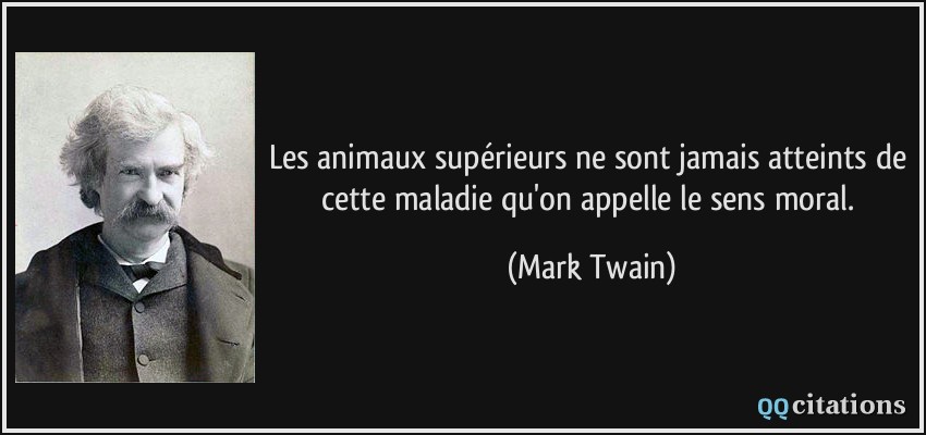 Les animaux supérieurs ne sont jamais atteints de cette maladie qu'on appelle le sens moral.  - Mark Twain