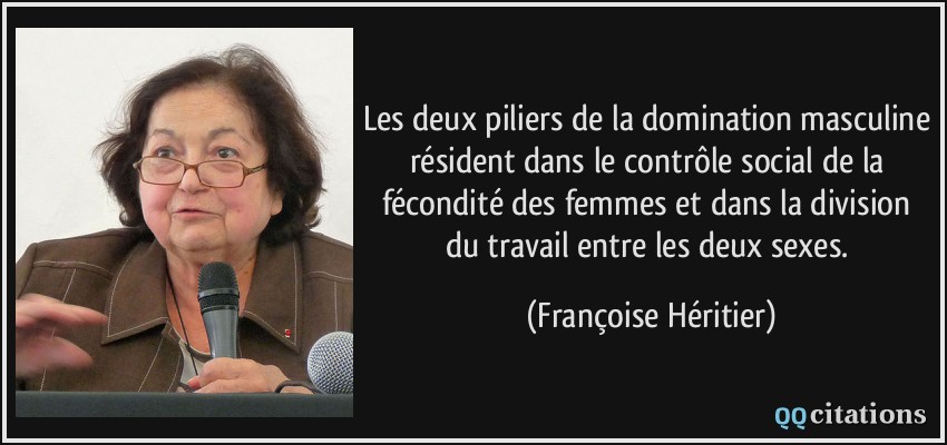 Les deux piliers de la domination masculine résident dans le contrôle social de la fécondité des femmes et dans la division du travail entre les deux sexes.  - Françoise Héritier