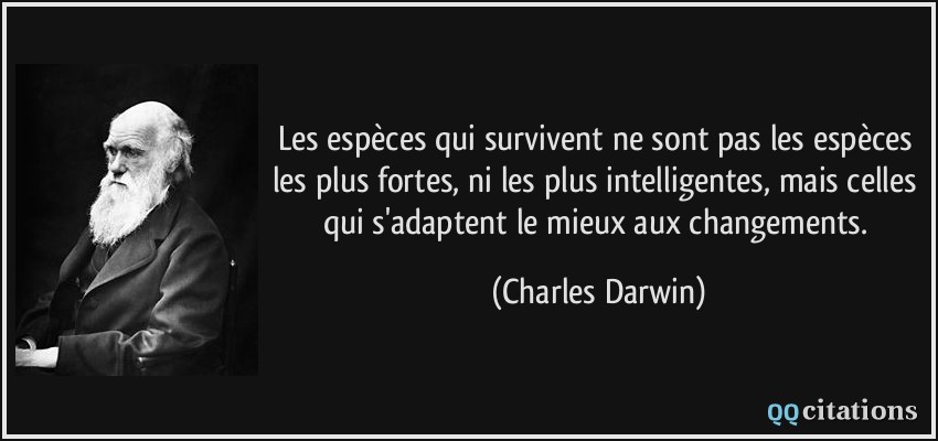 Les espèces qui survivent ne sont pas les espèces les plus fortes, ni les plus intelligentes, mais celles qui s'adaptent le mieux aux changements.  - Charles Darwin