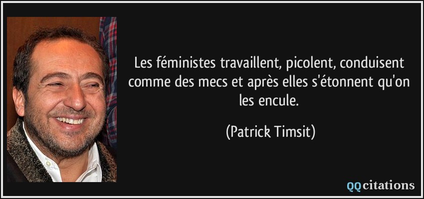 Les féministes travaillent, picolent, conduisent comme des mecs et après elles s'étonnent qu'on les encule.  - Patrick Timsit