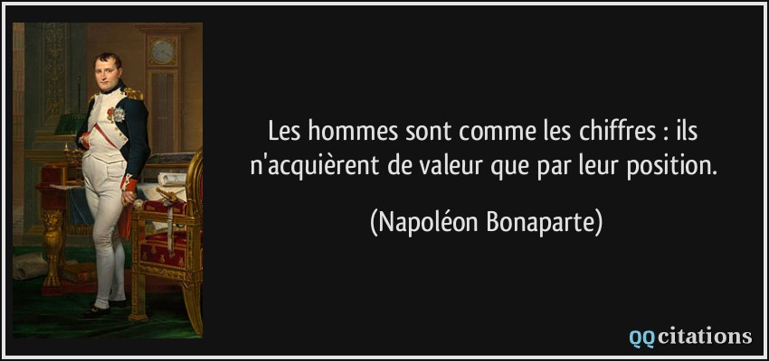Les hommes sont comme les chiffres : ils n'acquièrent de valeur que par leur position.  - Napoléon Bonaparte
