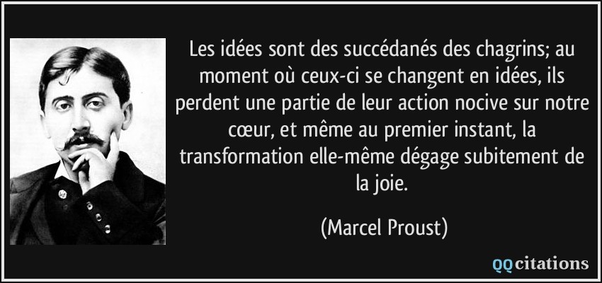 Les idées sont des succédanés des chagrins; au moment où ceux-ci se changent en idées, ils perdent une partie de leur action nocive sur notre cœur, et même au premier instant, la transformation elle-même dégage subitement de la joie.  - Marcel Proust