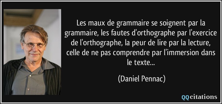 Les maux de grammaire se soignent par la grammaire, les fautes d'orthographe par l'exercice de l'orthographe, la peur de lire par la lecture, celle de ne pas comprendre par l'immersion dans le texte...  - Daniel Pennac