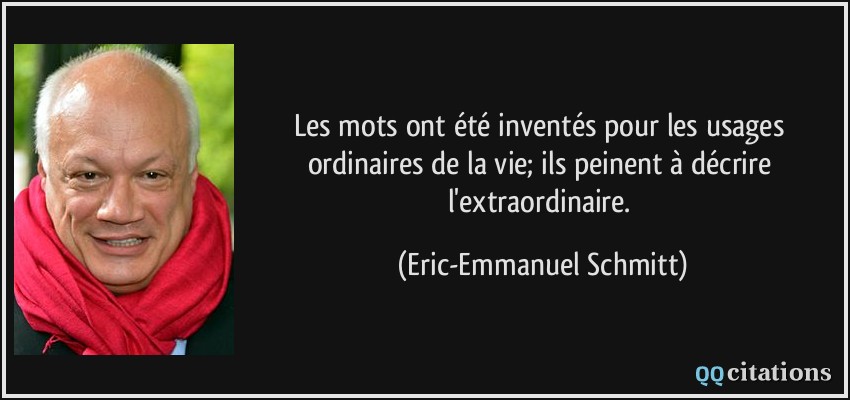 Les mots ont été inventés pour les usages ordinaires de la vie; ils peinent à décrire l'extraordinaire.  - Eric-Emmanuel Schmitt
