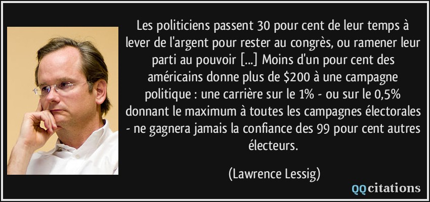 Les politiciens passent 30 pour cent de leur temps à lever de l'argent pour rester au congrès, ou ramener leur parti au pouvoir [...] Moins d'un pour cent des américains donne plus de $200 à une campagne politique : une carrière sur le 1% - ou sur le 0,5% donnant le maximum à toutes les campagnes électorales - ne gagnera jamais la confiance des 99 pour cent autres électeurs.  - Lawrence Lessig