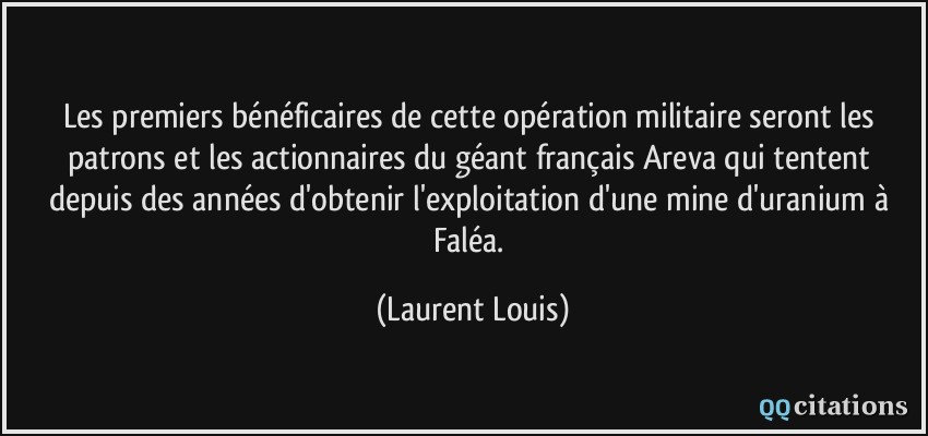 Les premiers bénéficaires de cette opération militaire seront les patrons et les actionnaires du géant français Areva qui tentent depuis des années d'obtenir l'exploitation d'une mine d'uranium à Faléa.  - Laurent Louis