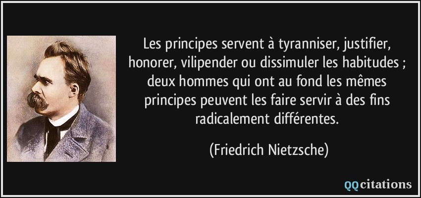 Les principes servent à tyranniser, justifier, honorer, vilipender ou dissimuler les habitudes ; deux hommes qui ont au fond les mêmes principes peuvent les faire servir à des fins radicalement différentes.  - Friedrich Nietzsche