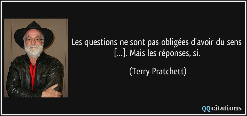 Les questions ne sont pas obligées d'avoir du sens [...]. Mais les réponses, si.  - Terry Pratchett