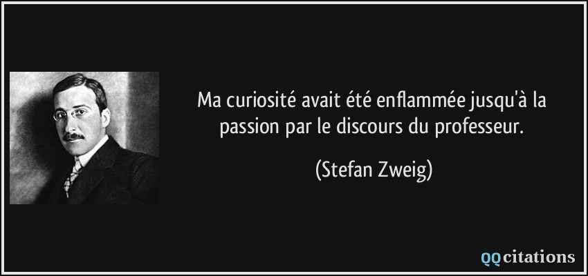 Ma curiosité avait été enflammée jusqu'à la passion par le discours du professeur.  - Stefan Zweig