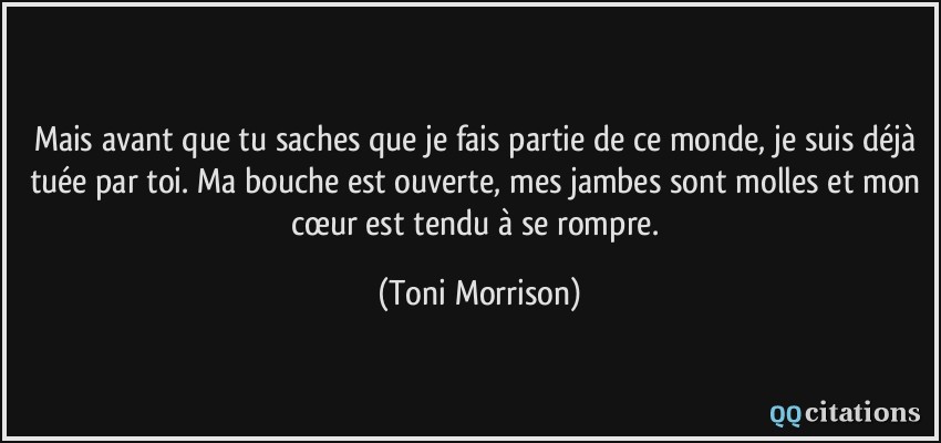 Mais avant que tu saches que je fais partie de ce monde, je suis déjà tuée par toi. Ma bouche est ouverte, mes jambes sont molles et mon cœur est tendu à se rompre.  - Toni Morrison