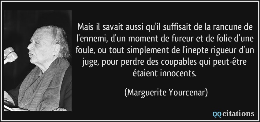 Mais il savait aussi qu'il suffisait de la rancune de l'ennemi, d'un moment de fureur et de folie d'une foule, ou tout simplement de l'inepte rigueur d'un juge, pour perdre des coupables qui peut-être étaient innocents.  - Marguerite Yourcenar