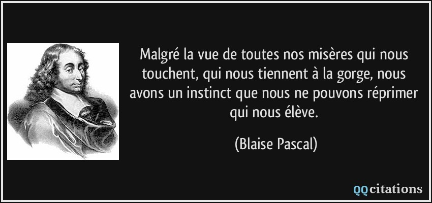 Malgré la vue de toutes nos misères qui nous touchent, qui nous tiennent à la gorge, nous avons un instinct que nous ne pouvons réprimer qui nous élève.  - Blaise Pascal