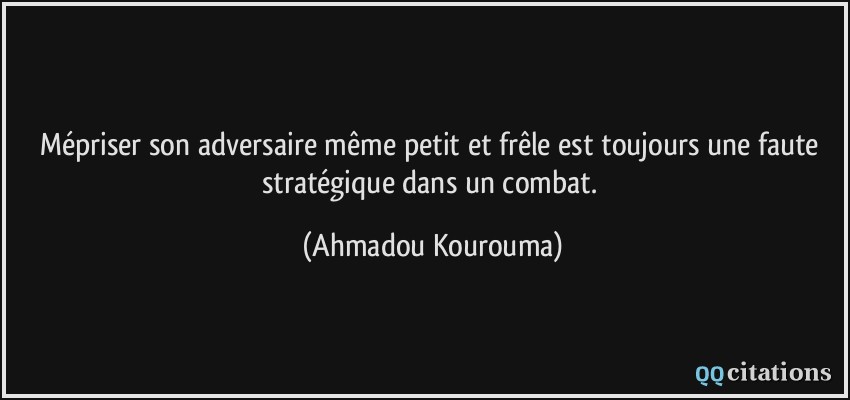 Mépriser son adversaire même petit et frêle est toujours une faute stratégique dans un combat.  - Ahmadou Kourouma