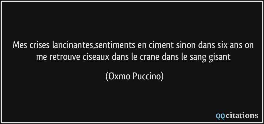 Mes crises lancinantes,sentiments en ciment sinon dans six ans on me retrouve ciseaux dans le crane dans le sang gisant  - Oxmo Puccino
