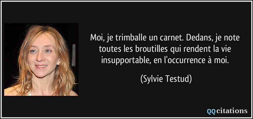 Moi, je trimballe un carnet. Dedans, je note toutes les broutilles qui rendent la vie insupportable, en l'occurrence à moi.  - Sylvie Testud