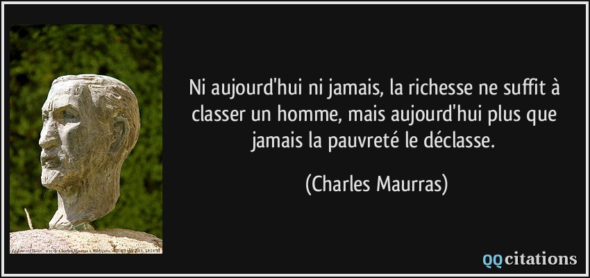 Ni aujourd'hui ni jamais, la richesse ne suffit à classer un homme, mais aujourd'hui plus que jamais la pauvreté le déclasse.  - Charles Maurras
