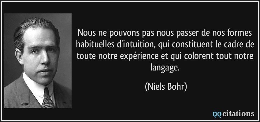 Nous ne pouvons pas nous passer de nos formes habituelles d'intuition, qui constituent le cadre de toute notre expérience et qui colorent tout notre langage.  - Niels Bohr