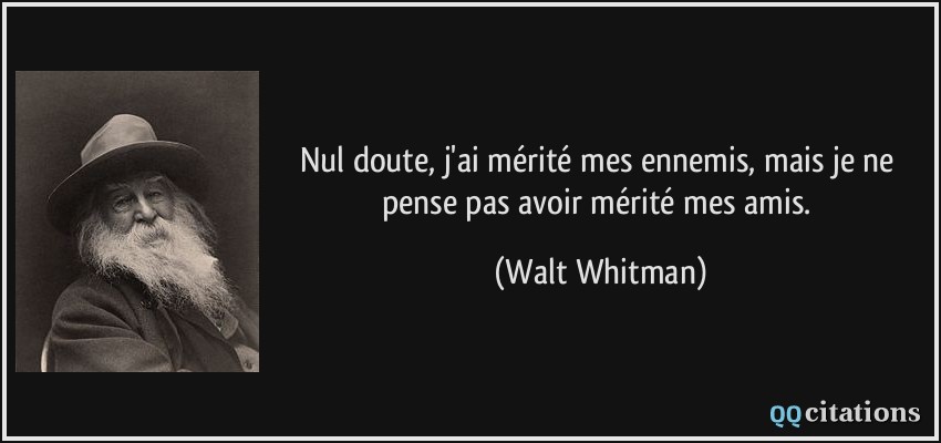 Nul doute, j'ai mérité mes ennemis, mais je ne pense pas avoir mérité mes amis.  - Walt Whitman