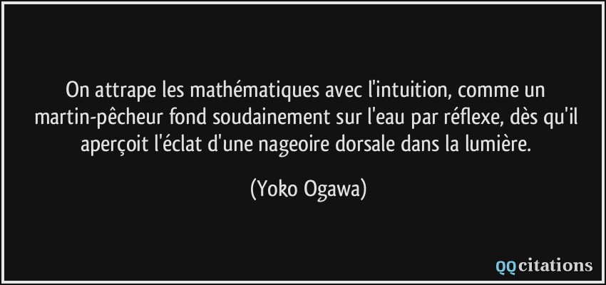 On attrape les mathématiques avec l'intuition, comme un martin-pêcheur fond soudainement sur l'eau par réflexe, dès qu'il aperçoit l'éclat d'une nageoire dorsale dans la lumière.  - Yoko Ogawa