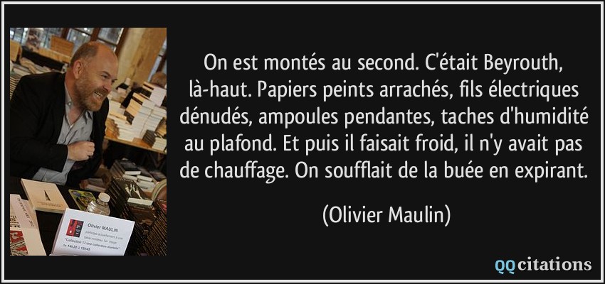 On est montés au second. C'était Beyrouth, là-haut. Papiers peints arrachés, fils électriques dénudés, ampoules pendantes, taches d'humidité au plafond. Et puis il faisait froid, il n'y avait pas de chauffage. On soufflait de la buée en expirant.  - Olivier Maulin