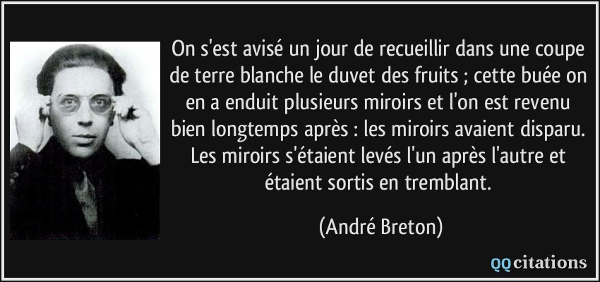 On s'est avisé un jour de recueillir dans une coupe de terre blanche le duvet des fruits ; cette buée on en a enduit plusieurs miroirs et l'on est revenu bien longtemps après : les miroirs avaient disparu. Les miroirs s'étaient levés l'un après l'autre et étaient sortis en tremblant.  - André Breton