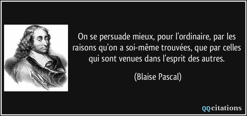 On se persuade mieux, pour l'ordinaire, par les raisons qu'on a soi-même trouvées, que par celles qui sont venues dans l'esprit des autres.  - Blaise Pascal