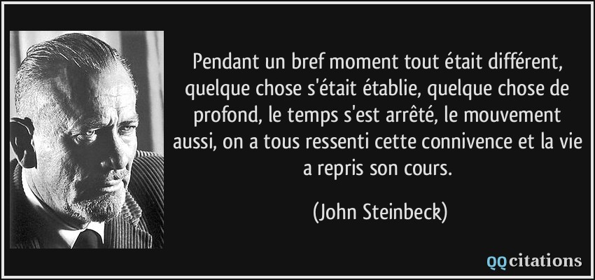 Pendant un bref moment tout était différent, quelque chose s'était établie, quelque chose de profond, le temps s'est arrêté, le mouvement aussi, on a tous ressenti cette connivence et la vie a repris son cours.  - John Steinbeck