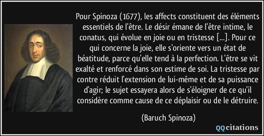 Pour Spinoza (1677), les affects constituent des éléments essentiels de l'être. Le désir émane de l'être intime, le conatus, qui évolue en joie ou en tristesse [...]. Pour ce qui concerne la joie, elle s'oriente vers un état de béatitude, parce qu'elle tend à la perfection. L'être se vit exalté et renforcé dans son estime de soi. La tristesse par contre réduit l'extension de lui-même et de sa puissance d'agir; le sujet essayera alors de s'éloigner de ce qu'il considère comme cause de ce déplaisir ou de le détruire.  - Baruch Spinoza
