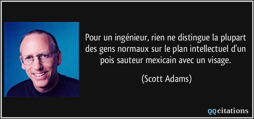Pour un ingénieur, rien ne distingue la plupart des gens normaux sur le plan intellectuel d'un pois sauteur mexicain avec un visage.  - Scott Adams