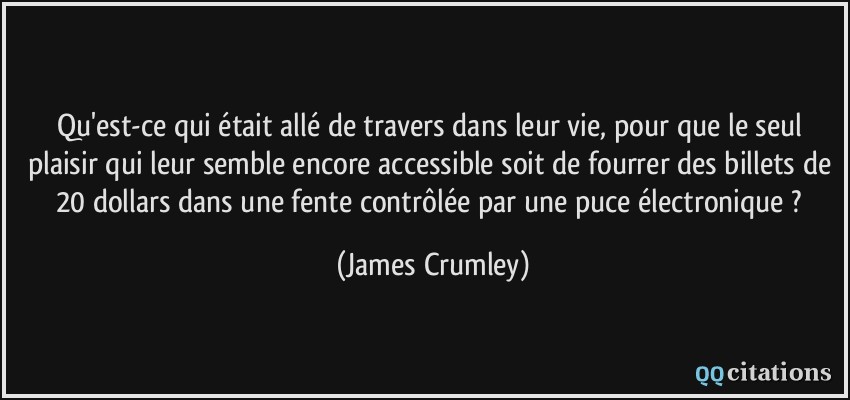 Qu'est-ce qui était allé de travers dans leur vie, pour que le seul plaisir qui leur semble encore accessible soit de fourrer des billets de 20 dollars dans une fente contrôlée par une puce électronique ?  - James Crumley