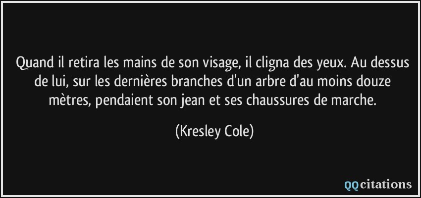 Quand il retira les mains de son visage, il cligna des yeux. Au dessus de lui, sur les dernières branches d'un arbre d'au moins douze mètres, pendaient son jean et ses chaussures de marche.  - Kresley Cole