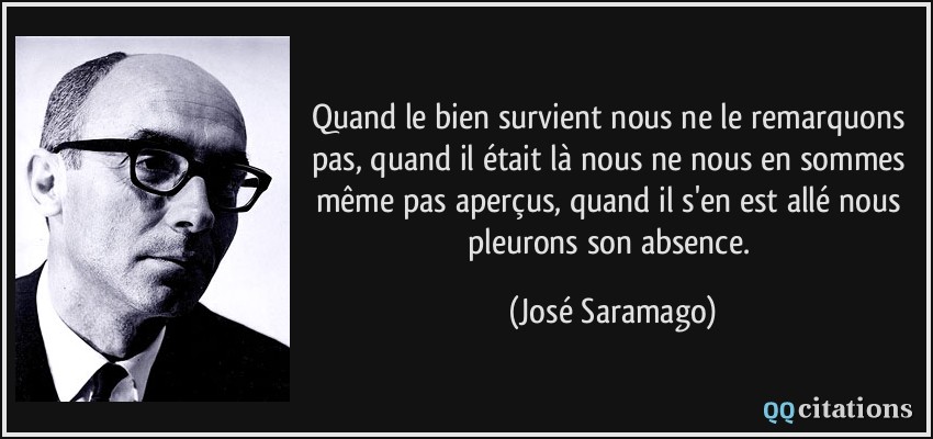 Quand le bien survient nous ne le remarquons pas, quand il était là nous ne nous en sommes même pas aperçus, quand il s'en est allé nous pleurons son absence.  - José Saramago