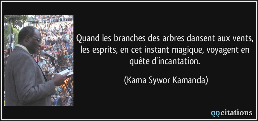Quand les branches des arbres dansent aux vents, les esprits, en cet instant magique, voyagent en quête d'incantation.  - Kama Sywor Kamanda