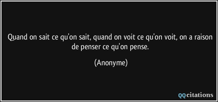 Quand on sait ce qu'on sait, quand on voit ce qu'on voit, on a raison de penser ce qu'on pense.  - Anonyme