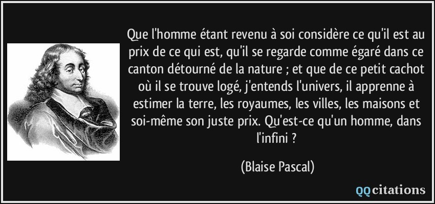 Que l'homme étant revenu à soi considère ce qu'il est au prix de ce qui est, qu'il se regarde comme égaré dans ce canton détourné de la nature ; et que de ce petit cachot où il se trouve logé, j'entends l'univers, il apprenne à estimer la terre, les royaumes, les villes, les maisons et soi-même son juste prix. Qu'est-ce qu'un homme, dans l'infini ?  - Blaise Pascal