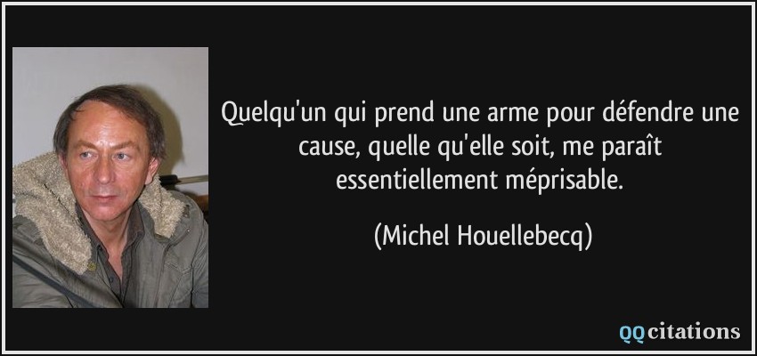 Quelqu'un qui prend une arme pour défendre une cause, quelle qu'elle soit, me paraît essentiellement méprisable.  - Michel Houellebecq