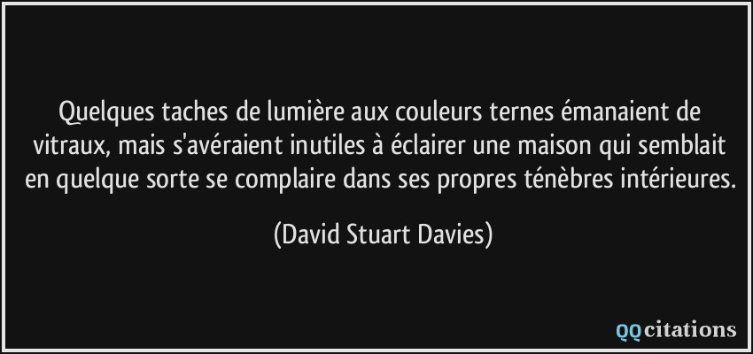 Quelques taches de lumière aux couleurs ternes émanaient de vitraux, mais s'avéraient inutiles à éclairer une maison qui semblait en quelque sorte se complaire dans ses propres ténèbres intérieures.  - David Stuart Davies