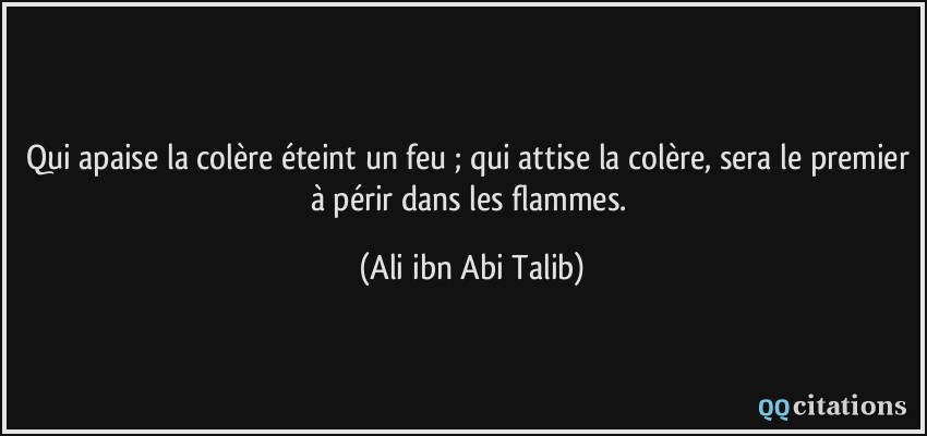 Qui apaise la colère éteint un feu ; qui attise la colère, sera le premier à périr dans les flammes.  - Ali ibn Abi Talib